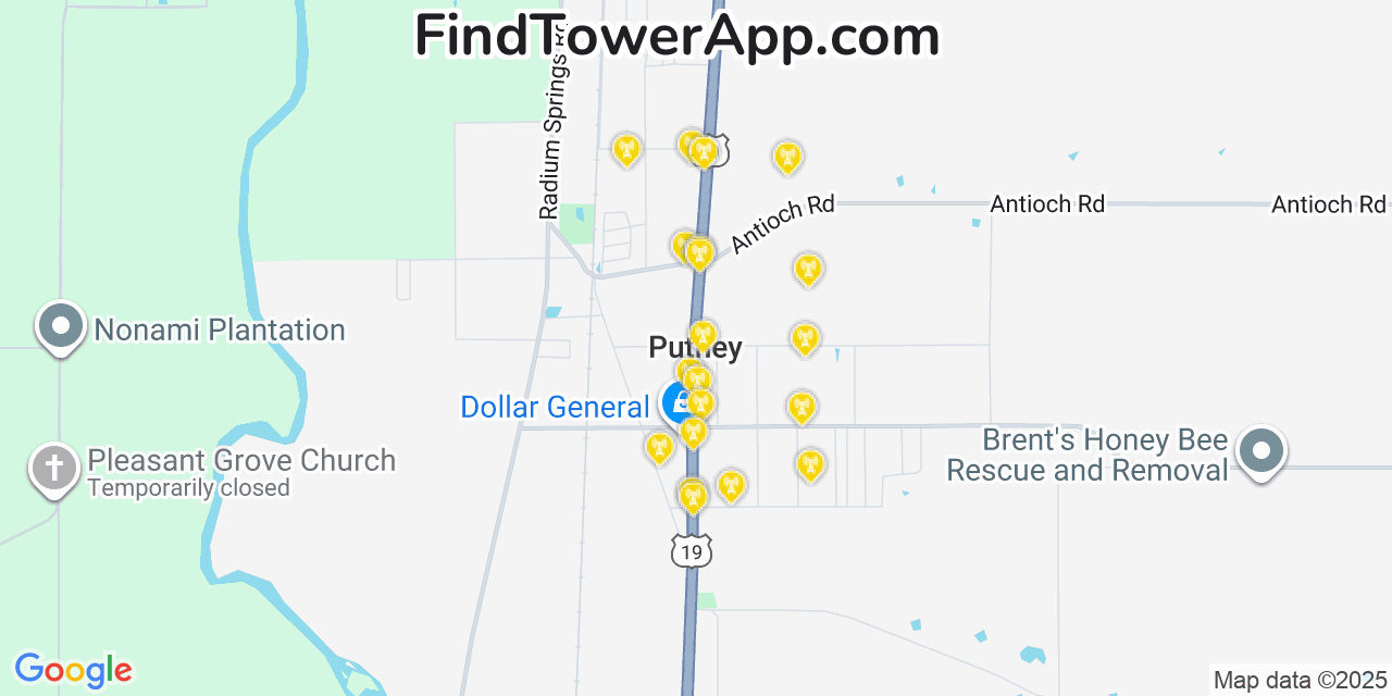 Map showing the 20 primary cell tower locations detected in Putney, Georgia from AT&T, Verizon, and T-Mobile networks