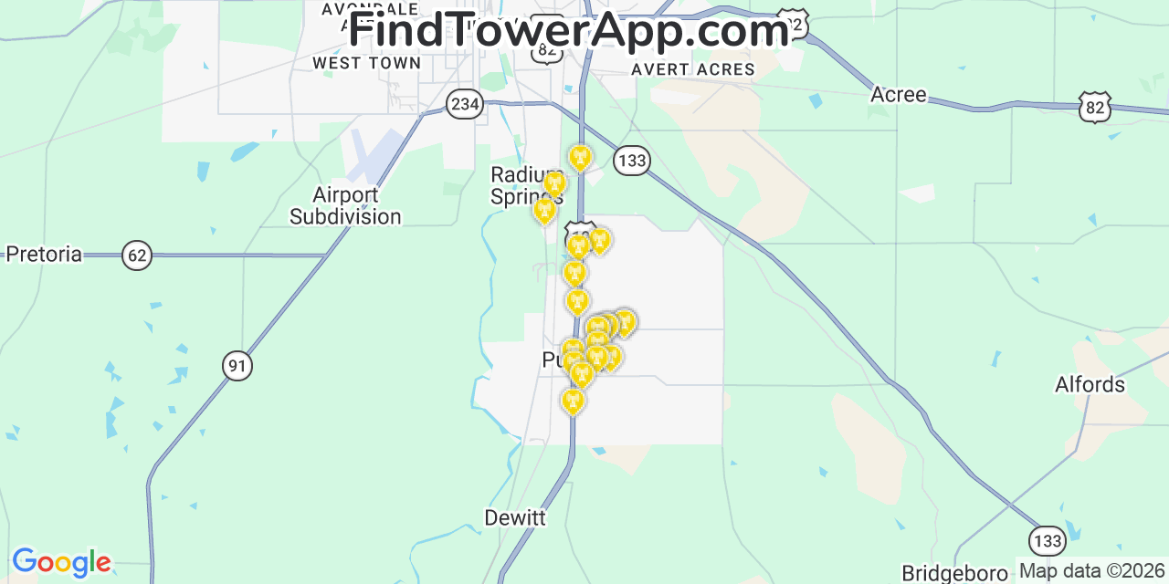 Map showing the 20 primary cell tower locations detected in Putney, Georgia from AT&T, Verizon, and T-Mobile networks