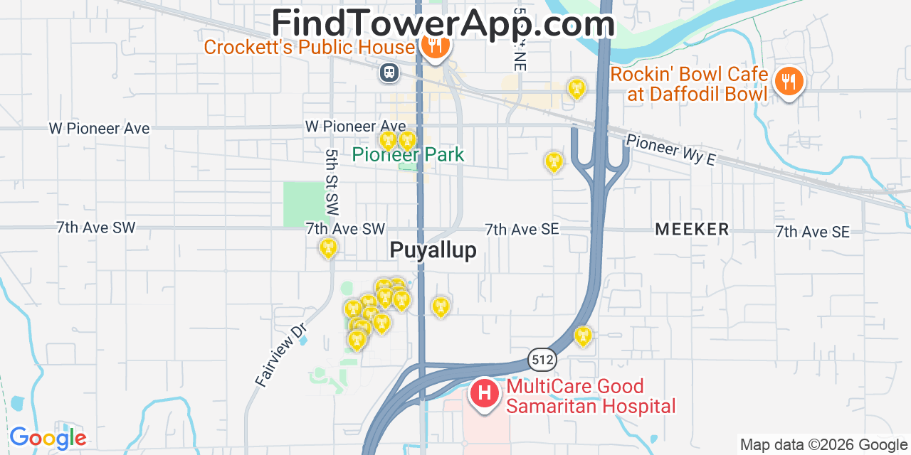 Map showing the 20 primary cell tower locations detected in Puyallup, Washington from AT&T, Verizon, and T-Mobile networks