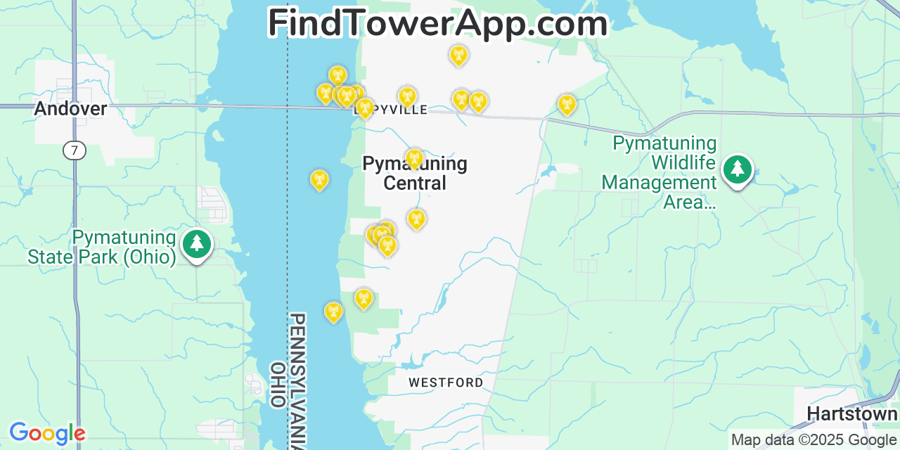 Map showing the 20 primary cell tower locations detected in Pymatuning Central, Pennsylvania from AT&T, Verizon, and T-Mobile networks