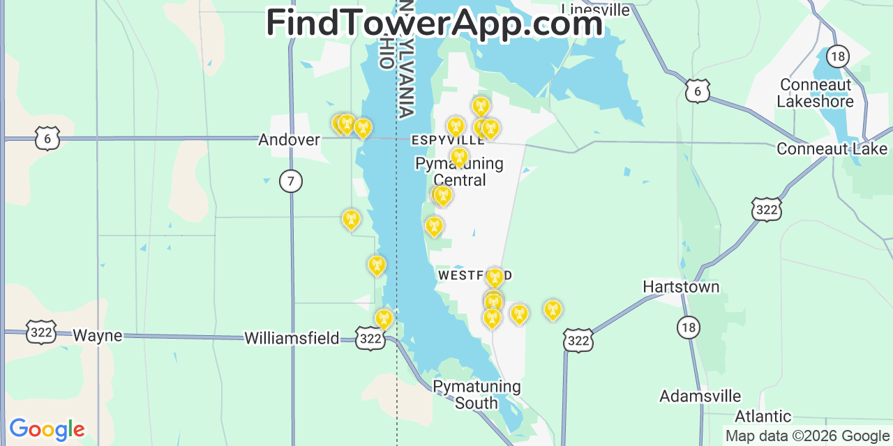 Map showing the 20 primary cell tower locations detected in Pymatuning Central, Pennsylvania from AT&T, Verizon, and T-Mobile networks