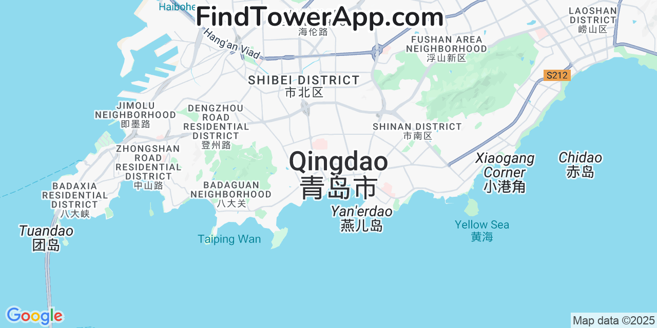 Map showing the 0 primary China-Telecom cell tower locations detected in Qingdao, China with coverage radius and signal strength indicators