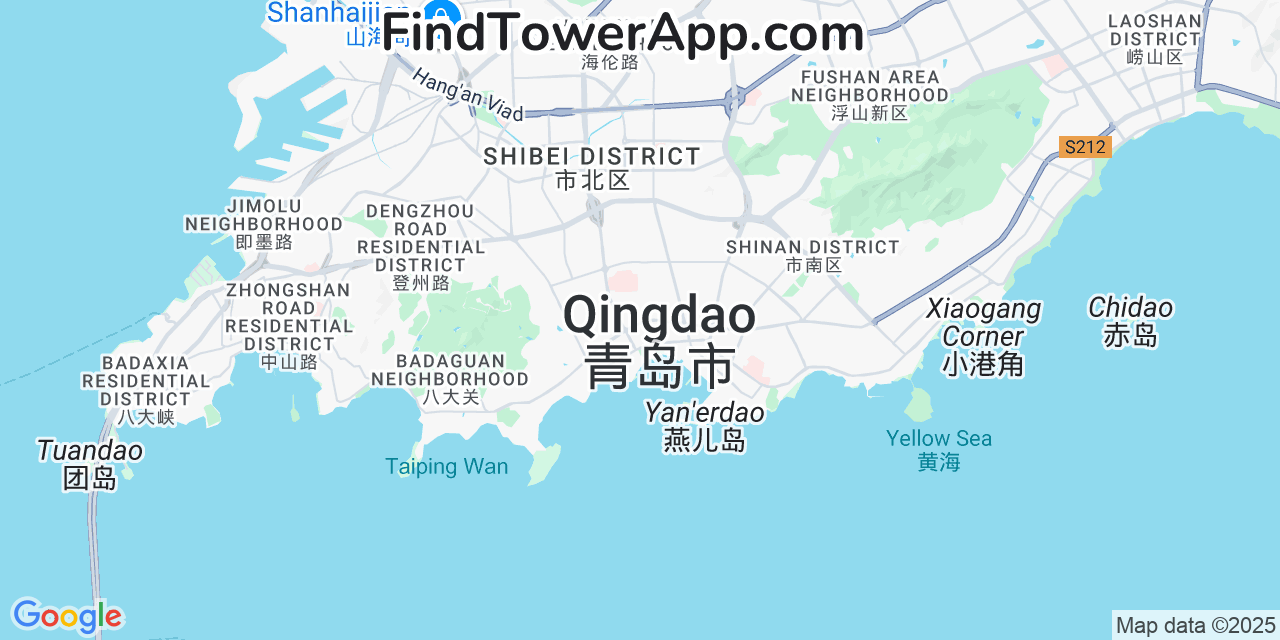 Map showing the 0 primary China-Unicom cell tower locations detected in Qingdao, China with coverage radius and signal strength indicators