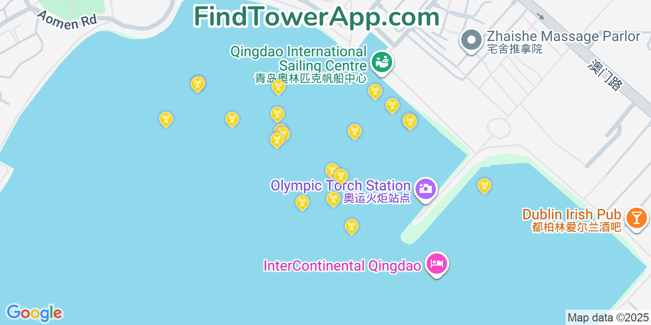 Map showing the 20 primary cell tower locations detected in Qingdao, China with coverage areas and signal strength