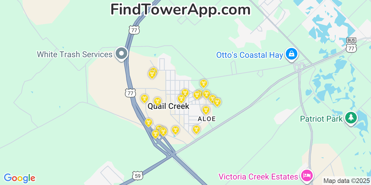 Map showing the 20 primary cell tower locations detected in Quail Creek, Texas from AT&T, Verizon, and T-Mobile networks