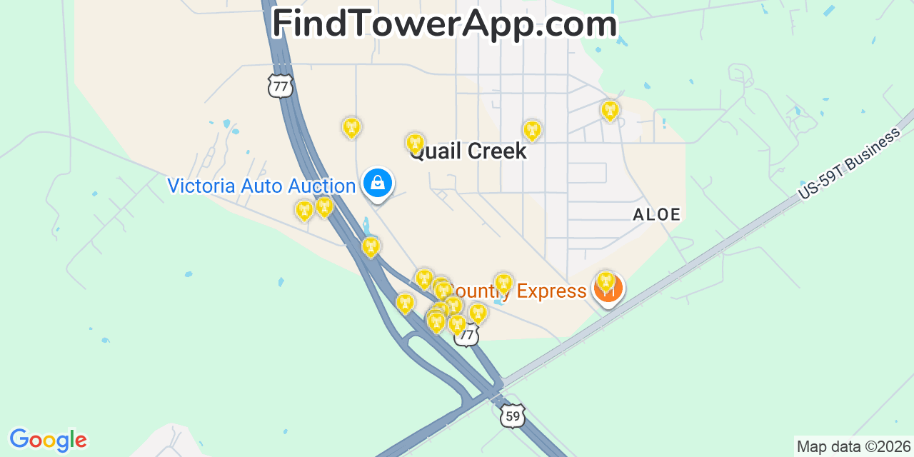 Map showing the 20 primary cell tower locations detected in Quail Creek, Texas from AT&T, Verizon, and T-Mobile networks
