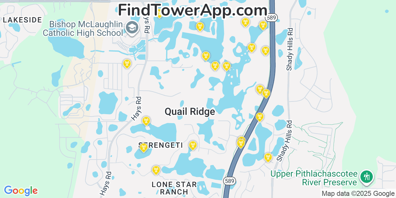 Map showing the 20 primary cell tower locations detected in Quail Ridge, Florida from AT&T, Verizon, and T-Mobile networks