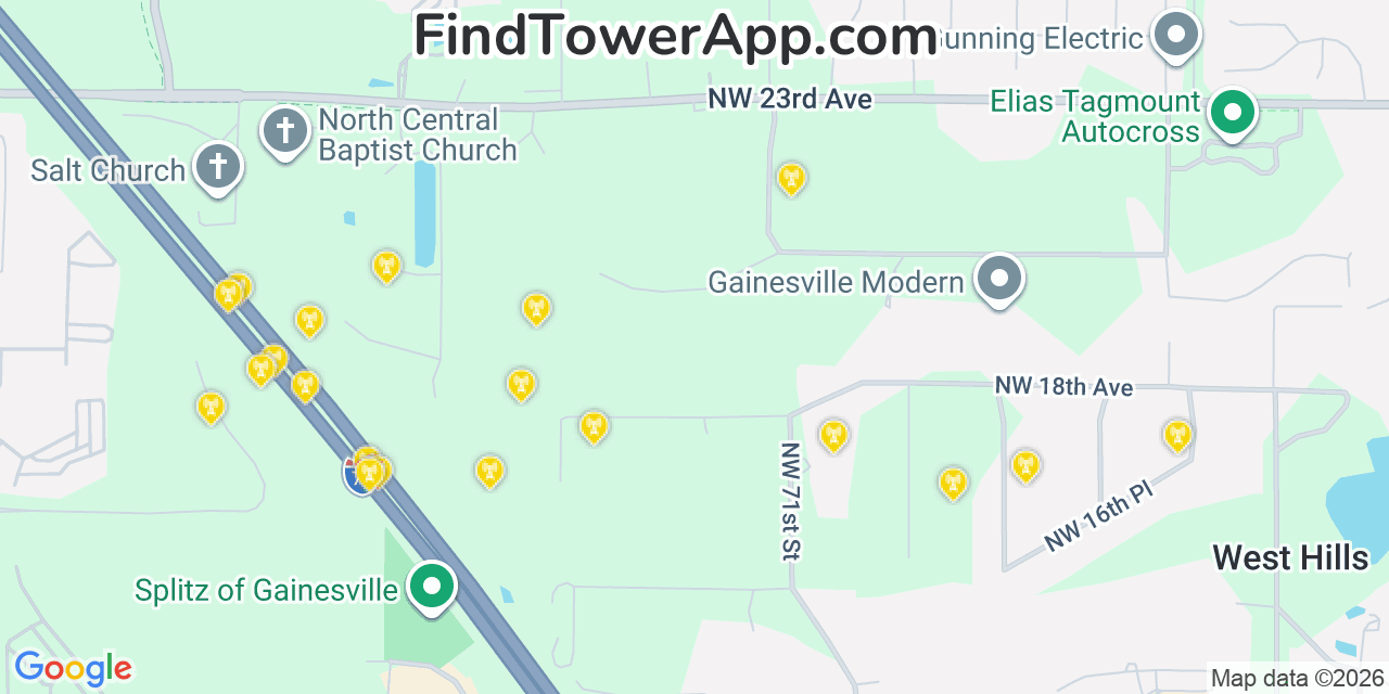 Map showing the 20 primary cell tower locations detected in Quail Ridge, Florida from AT&T, Verizon, and T-Mobile networks