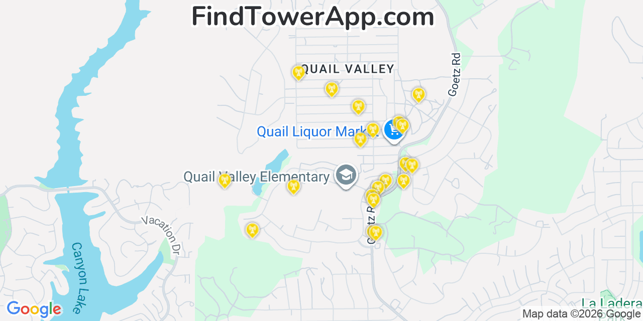 Map showing the 20 primary cell tower locations detected in Quail Valley, California from AT&T, Verizon, and T-Mobile networks
