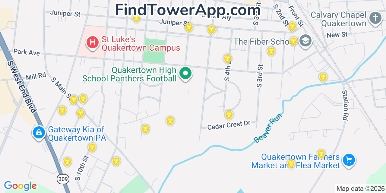 Map showing the 20 primary cell tower locations detected in Quakertown, Pennsylvania from AT&T, Verizon, and T-Mobile networks