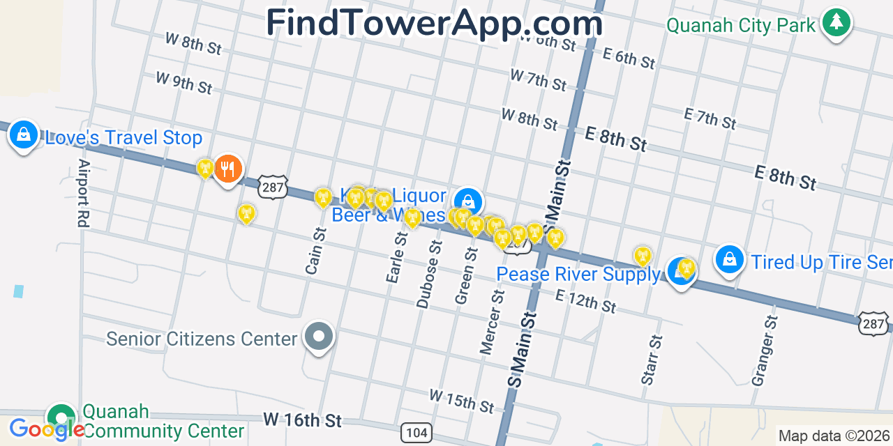 Map showing the 20 primary cell tower locations detected in Quanah, Texas from AT&T, Verizon, and T-Mobile networks