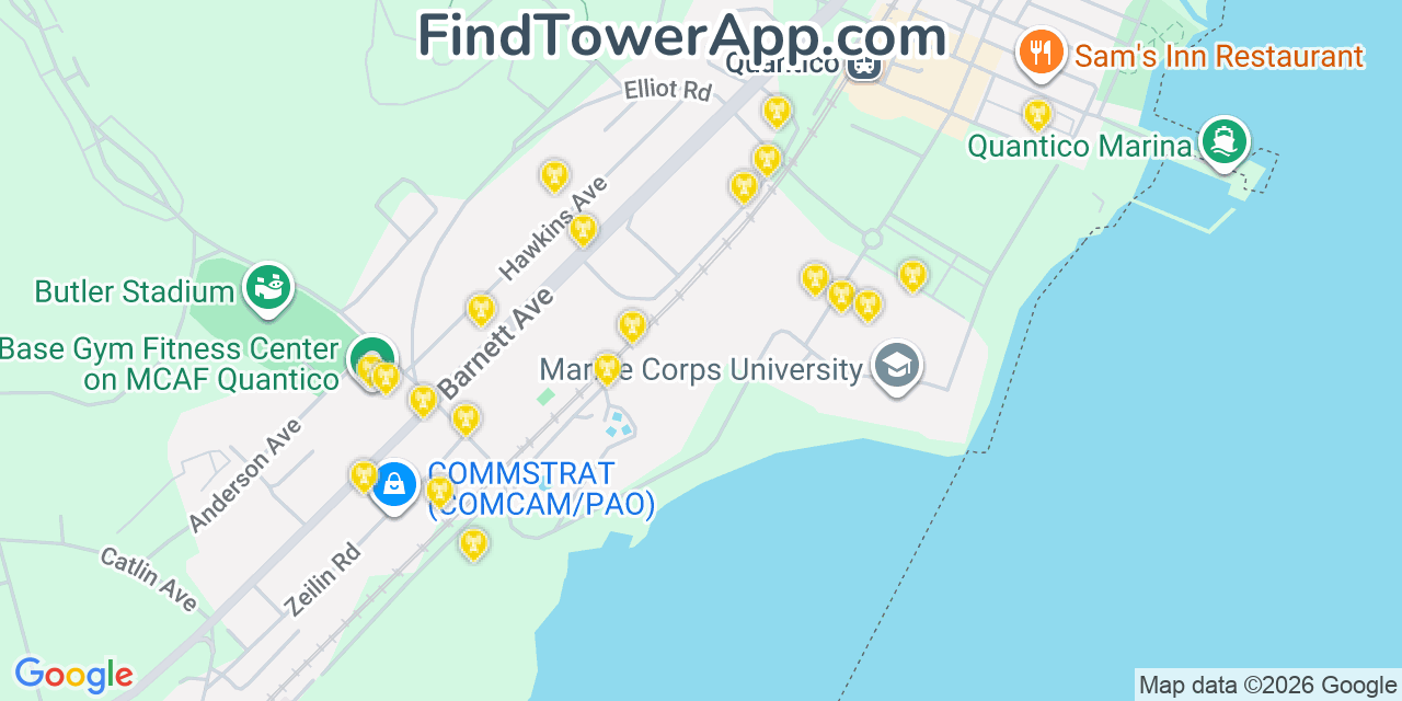 Map showing the 20 primary cell tower locations detected in Quantico Station, Virginia from AT&T, Verizon, and T-Mobile networks