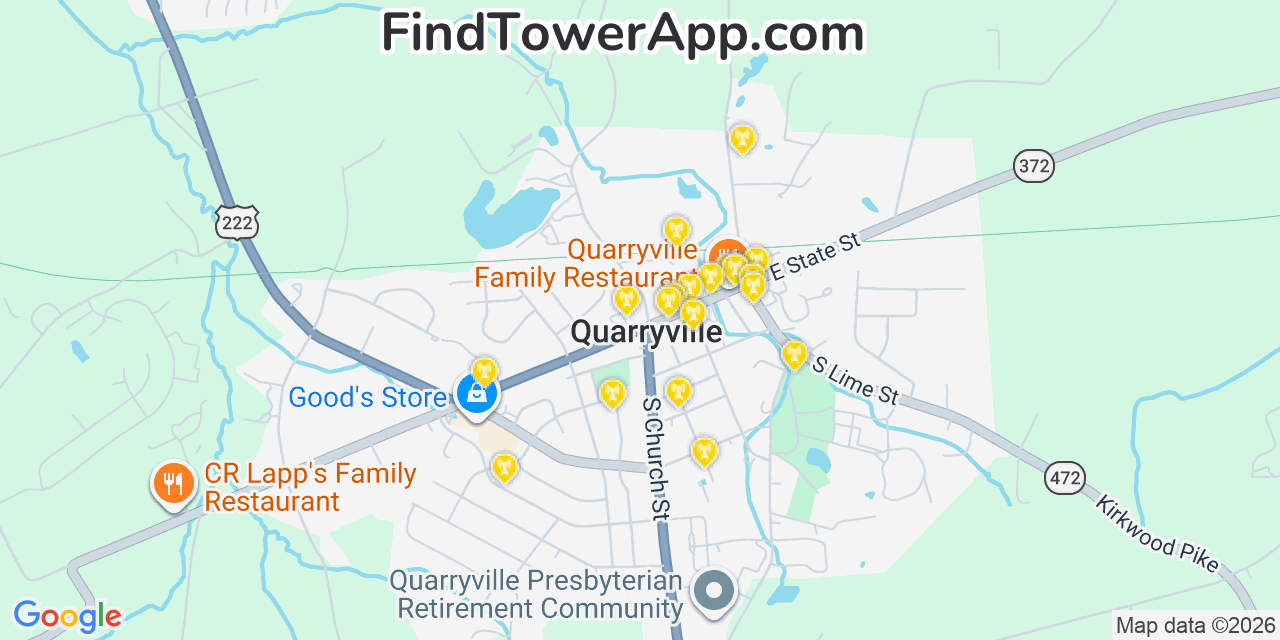 Map showing the 20 primary cell tower locations detected in Quarryville, Pennsylvania from AT&T, Verizon, and T-Mobile networks