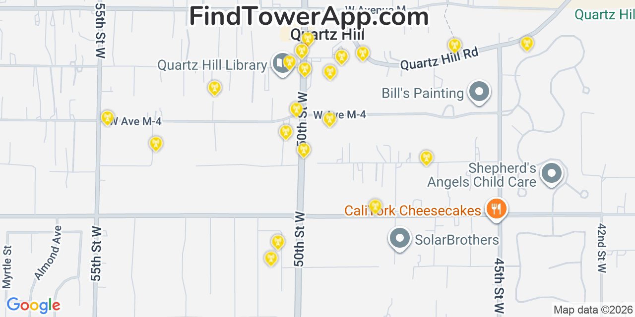 Map showing the 20 primary cell tower locations detected in Quartz Hill, California from AT&T, Verizon, and T-Mobile networks
