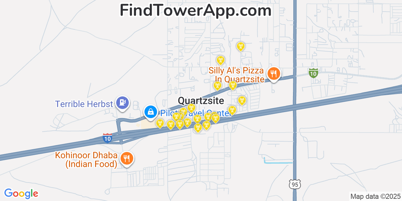 Map showing the 20 primary cell tower locations detected in Quartzsite, Arizona from AT&T, Verizon, and T-Mobile networks