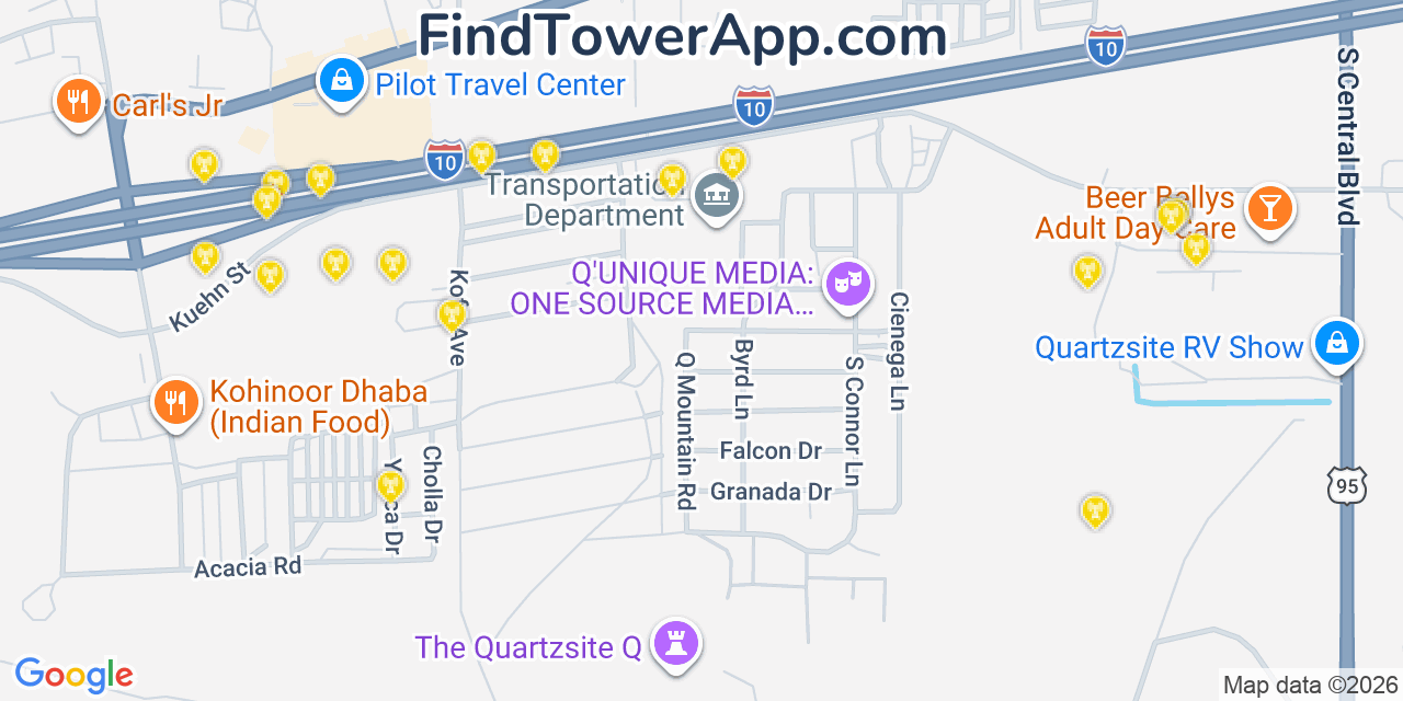 Map showing the 20 primary cell tower locations detected in Quartzsite, Arizona from AT&T, Verizon, and T-Mobile networks
