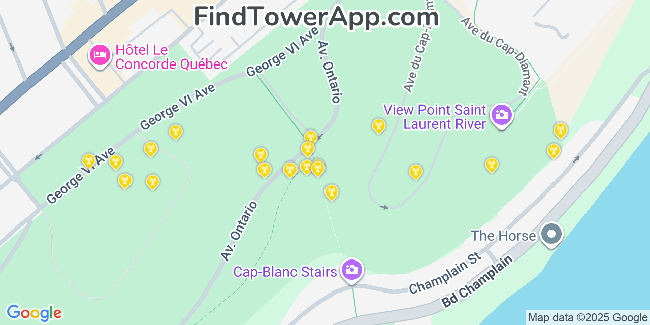 Map showing the 20 primary cell tower locations detected in Quebec City, Canada with coverage areas and signal strength