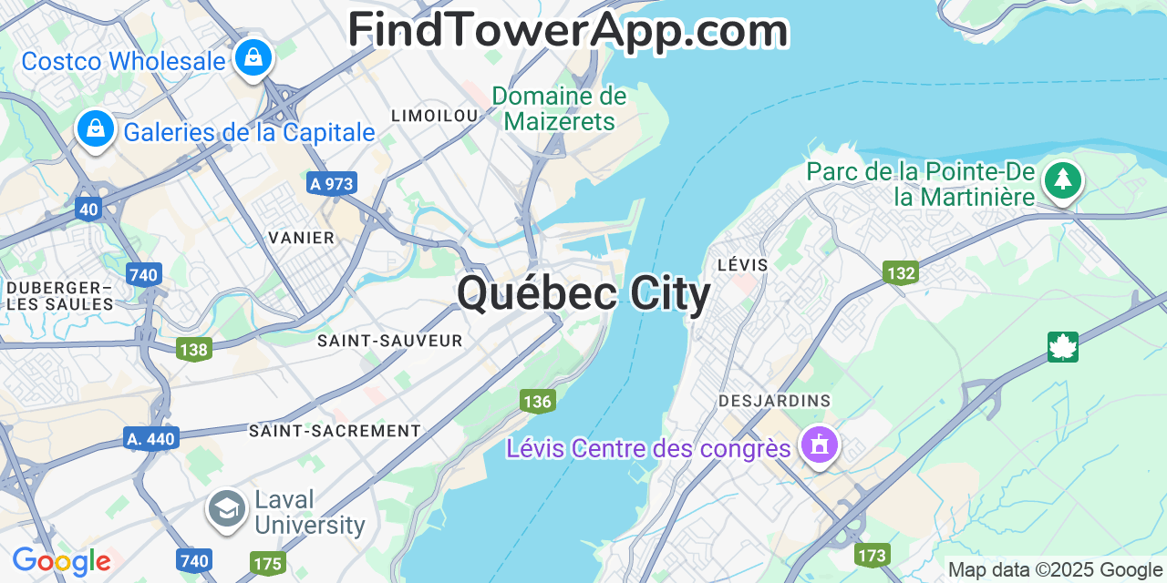 Map showing the 0 primary Rogers cell tower locations detected in Quebec City, Canada with coverage radius and signal strength indicators