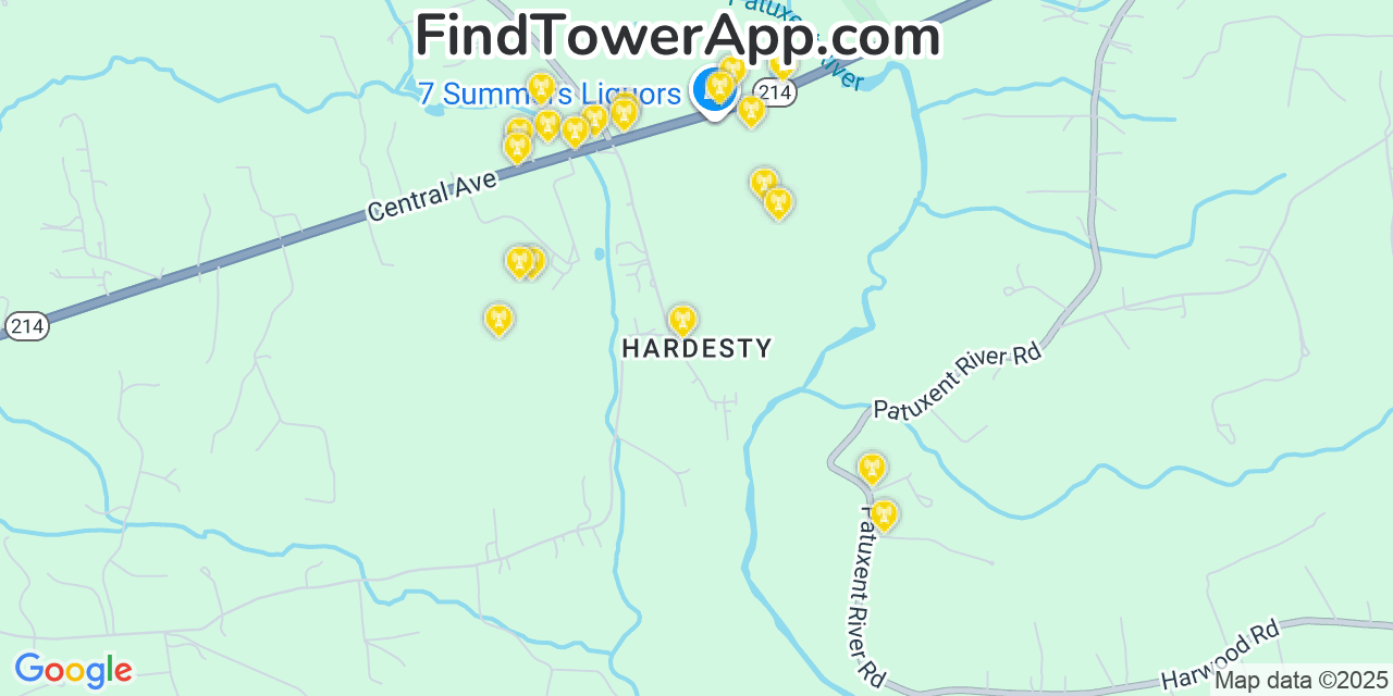 Map showing the 20 primary cell tower locations detected in Queen Anne, Maryland from AT&T, Verizon, and T-Mobile networks