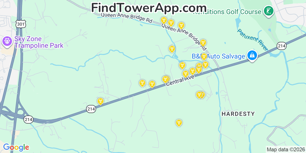 Map showing the 20 primary cell tower locations detected in Queen Anne, Maryland from AT&T, Verizon, and T-Mobile networks