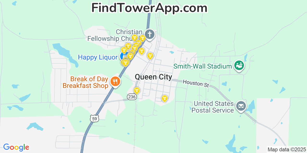 Map showing the 20 primary cell tower locations detected in Queen City, Texas from AT&T, Verizon, and T-Mobile networks