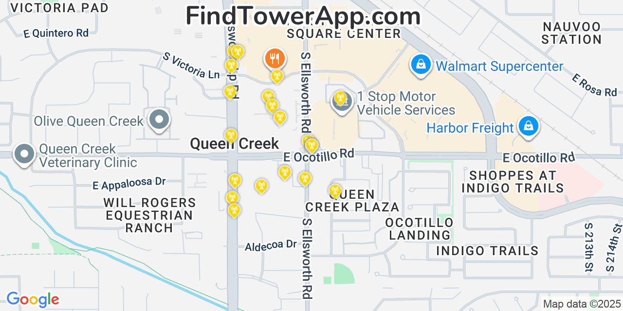 Map showing the 20 primary cell tower locations detected in Queen Creek, Arizona from AT&T, Verizon, and T-Mobile networks