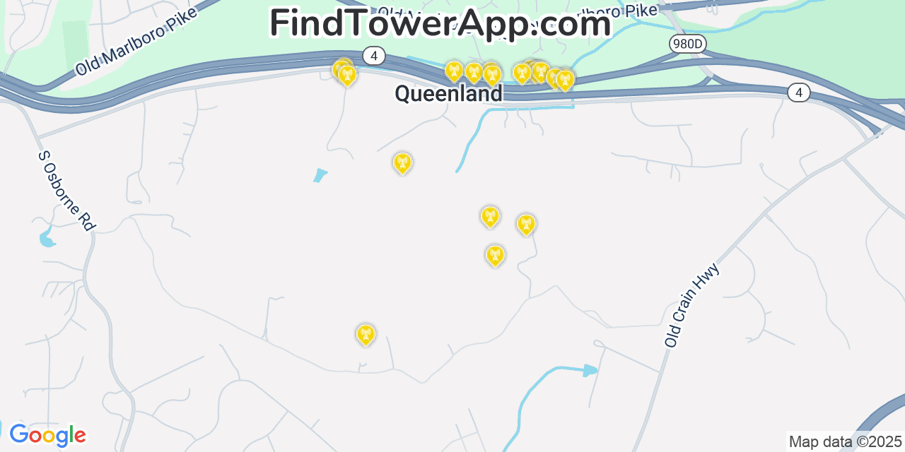 Map showing the 20 primary cell tower locations detected in Queenland, Maryland from AT&T, Verizon, and T-Mobile networks