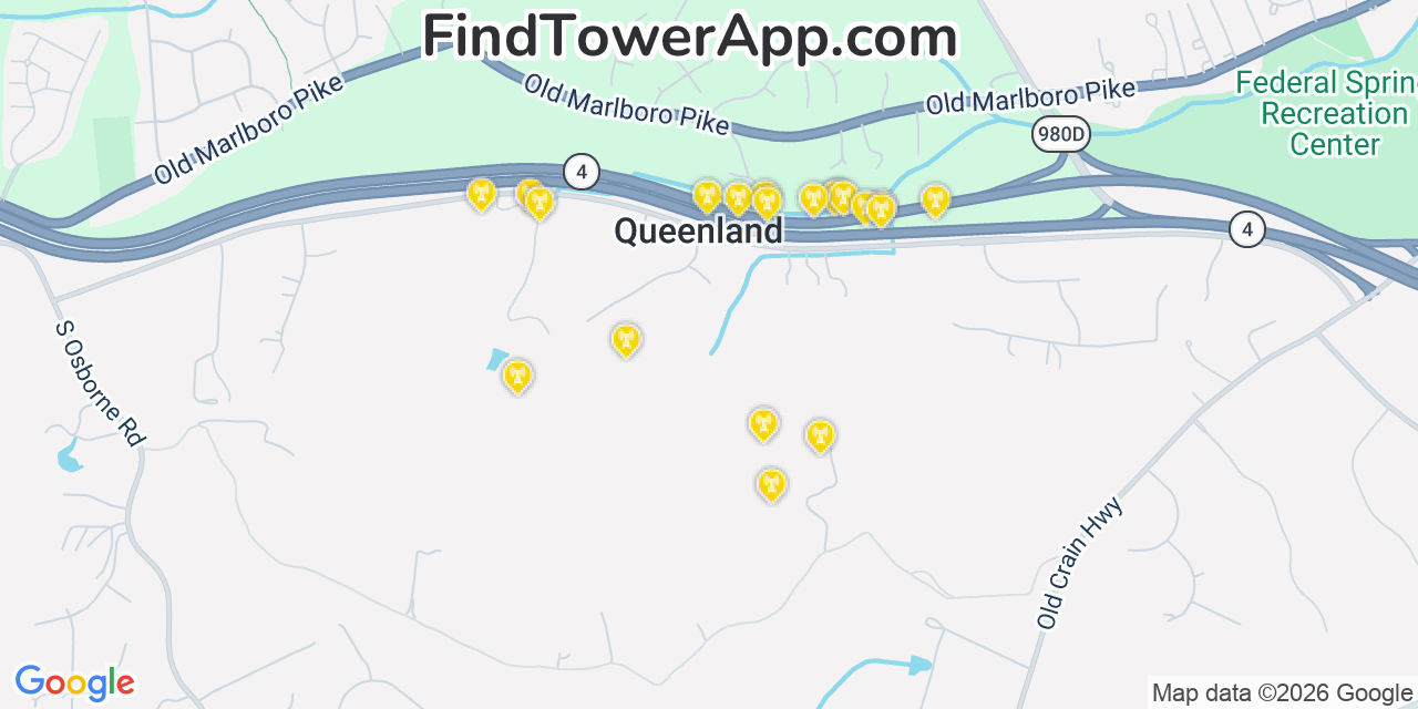 Map showing the 20 primary cell tower locations detected in Queenland, Maryland from AT&T, Verizon, and T-Mobile networks