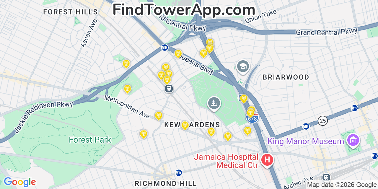 Map showing the 20 primary cell tower locations detected in Queens, New York from AT&T, Verizon, and T-Mobile networks