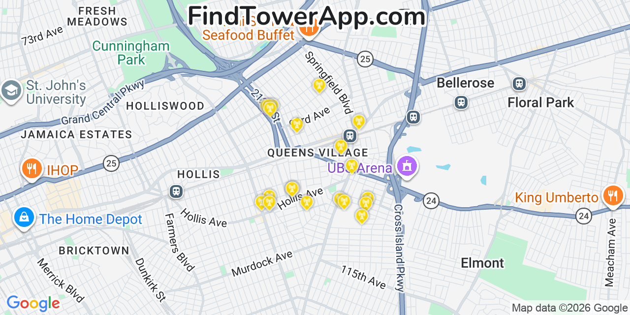 Map showing the 20 primary cell tower locations detected in Queens Village, New York from AT&T, Verizon, and T-Mobile networks