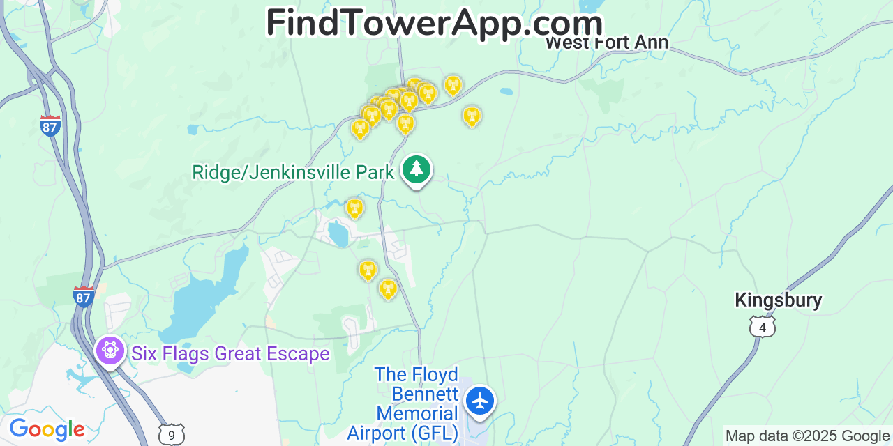Map showing the 20 primary cell tower locations detected in Queensbury, New York from AT&T, Verizon, and T-Mobile networks