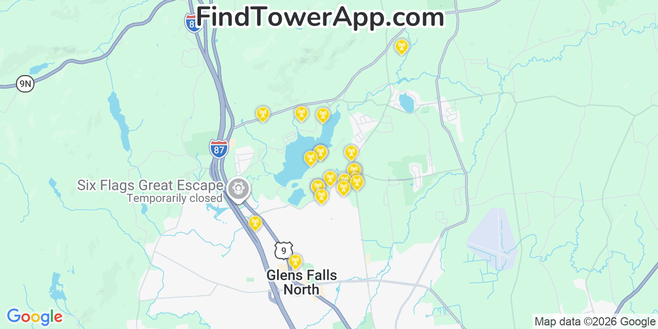 Map showing the 20 primary cell tower locations detected in Queensbury, New York from AT&T, Verizon, and T-Mobile networks