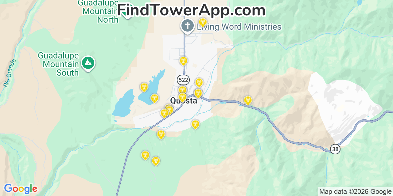 Map showing the 20 primary cell tower locations detected in Questa, New Mexico from AT&T, Verizon, and T-Mobile networks