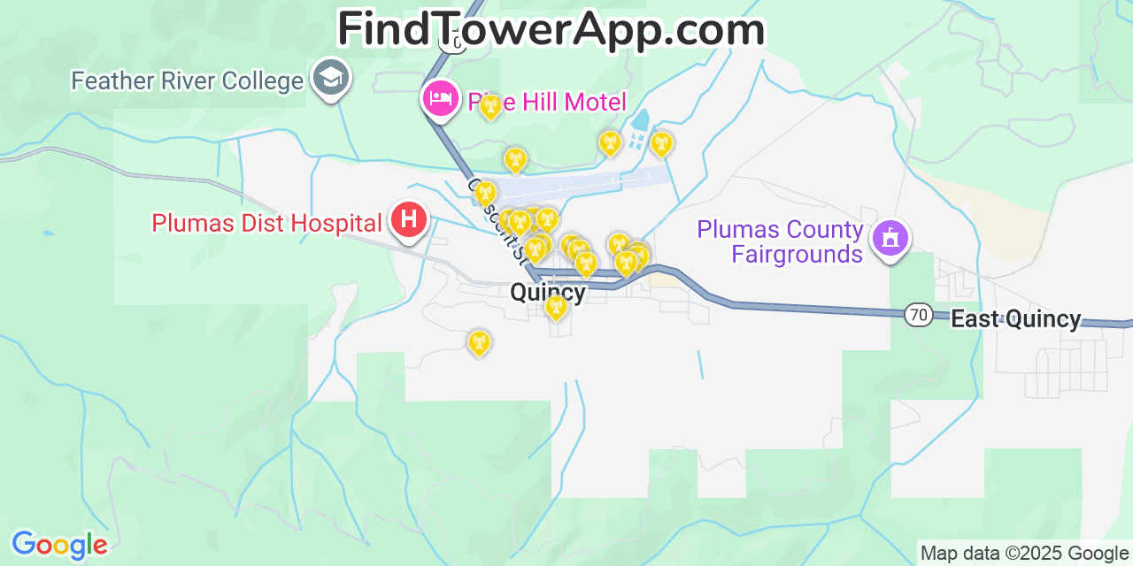 Map showing the 20 primary cell tower locations detected in Quincy, California from AT&T, Verizon, and T-Mobile networks
