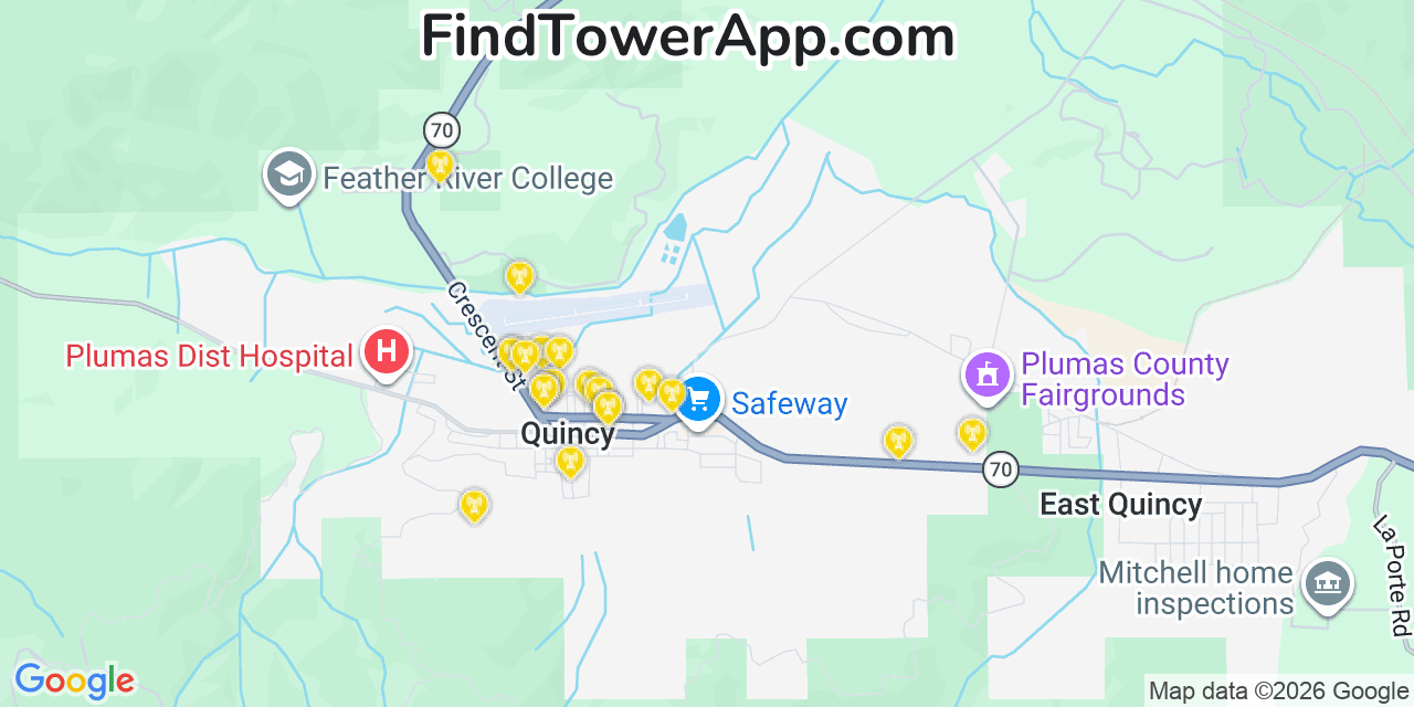 Map showing the 20 primary cell tower locations detected in Quincy, California from AT&T, Verizon, and T-Mobile networks