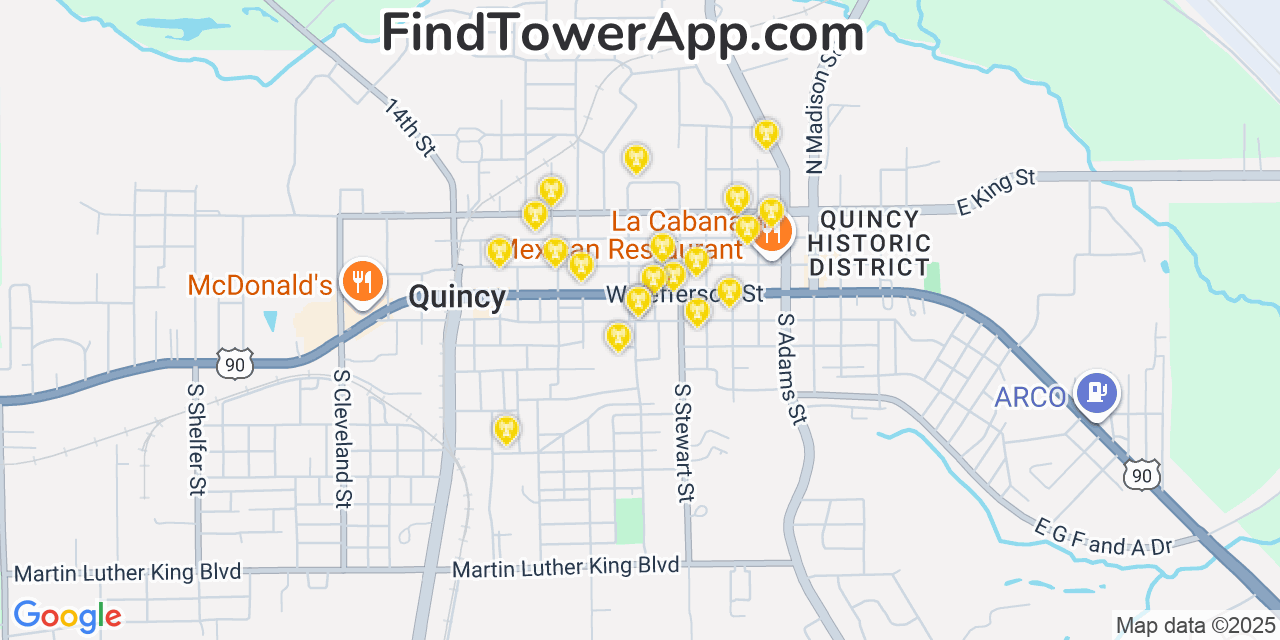Map showing the 20 primary cell tower locations detected in Quincy, Florida from AT&T, Verizon, and T-Mobile networks