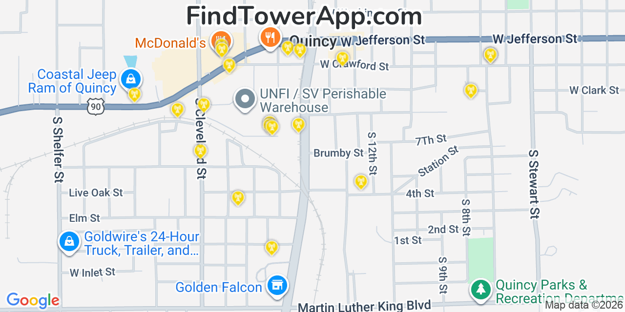 Map showing the 20 primary cell tower locations detected in Quincy, Florida from AT&T, Verizon, and T-Mobile networks