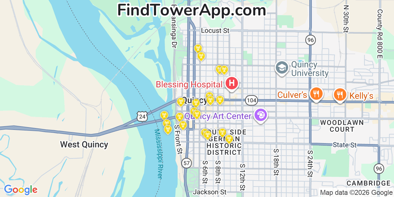 Map showing the 20 primary cell tower locations detected in Quincy, Illinois from AT&T, Verizon, and T-Mobile networks