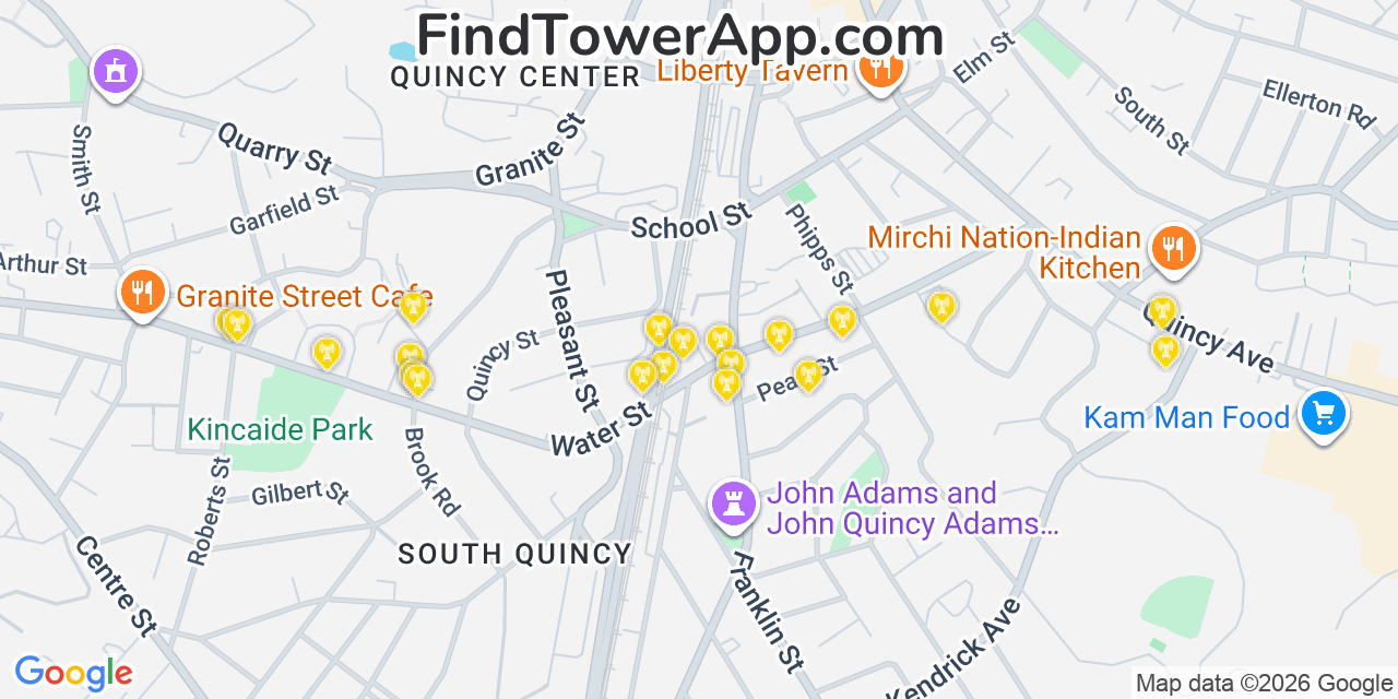 Map showing the 20 primary cell tower locations detected in Quincy, Massachusetts from AT&T, Verizon, and T-Mobile networks