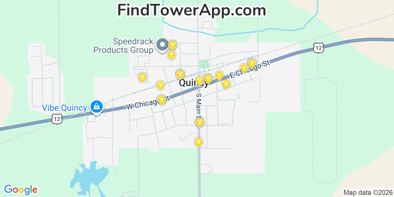 Map showing the 20 primary cell tower locations detected in Quincy, Michigan from AT&T, Verizon, and T-Mobile networks