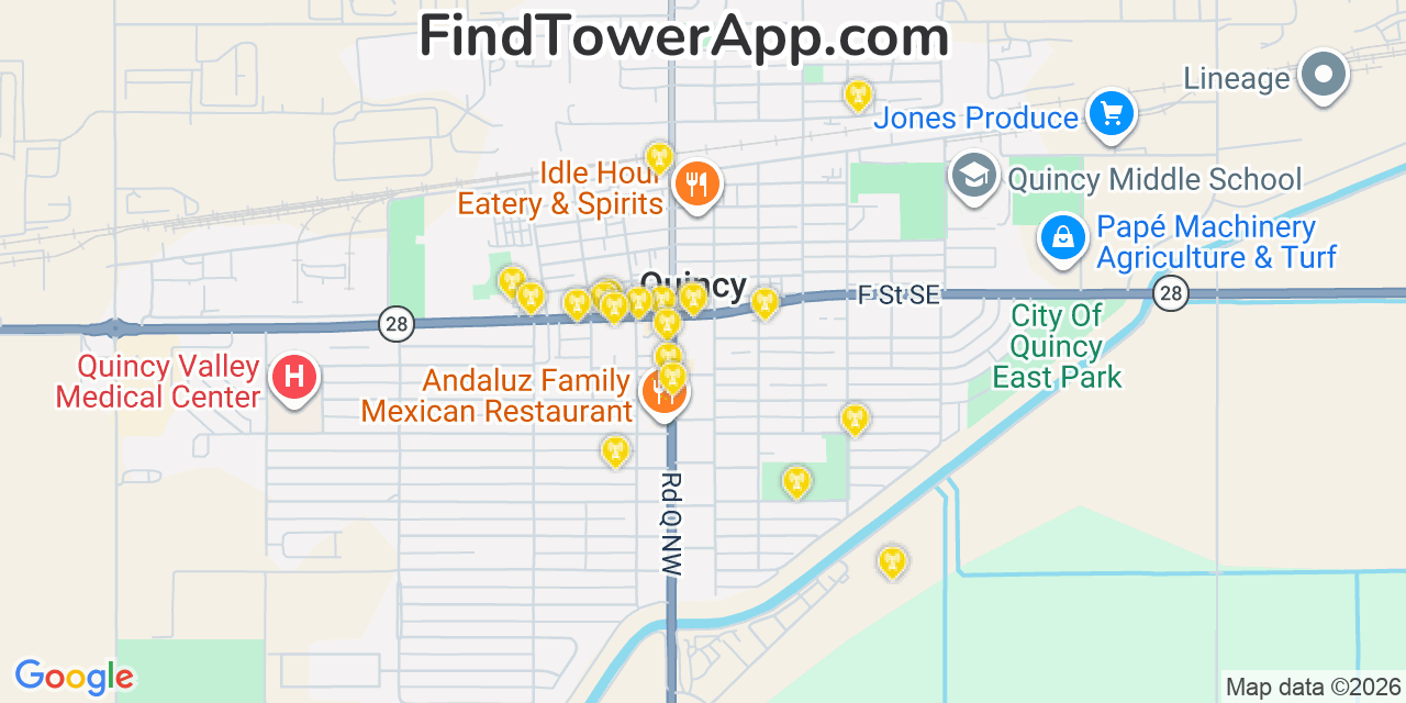 Map showing the 20 primary cell tower locations detected in Quincy, Washington from AT&T, Verizon, and T-Mobile networks