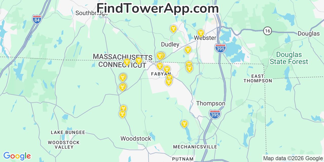 Map showing the 20 primary cell tower locations detected in Quinebaug, Connecticut from AT&T, Verizon, and T-Mobile networks