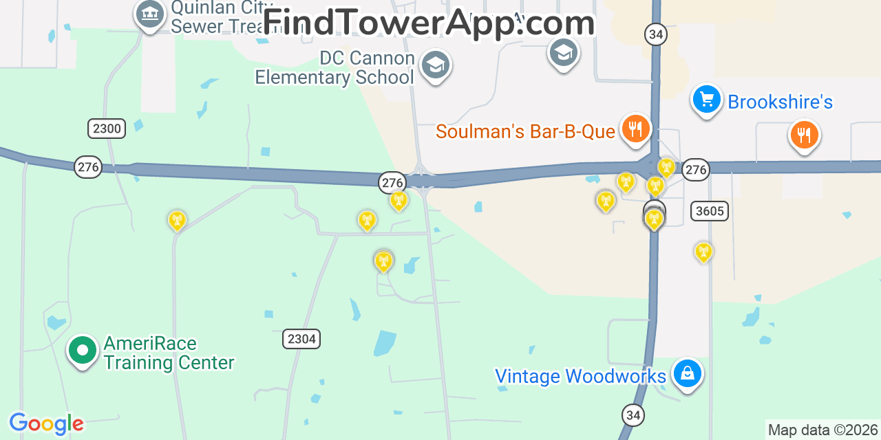 Map showing the 20 primary cell tower locations detected in Quinlan, Texas from AT&T, Verizon, and T-Mobile networks
