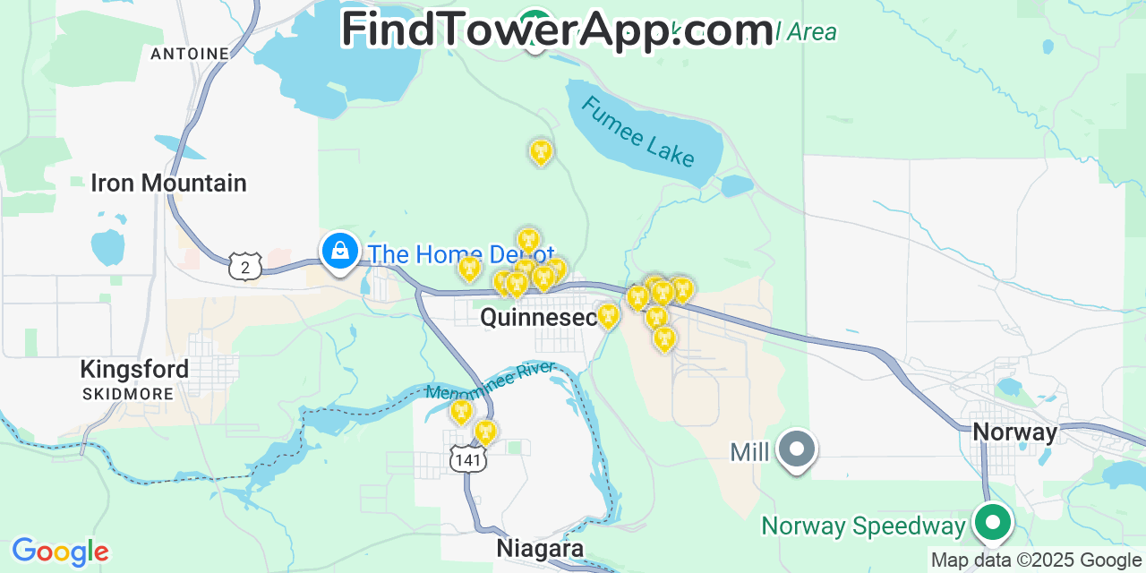 Map showing the 20 primary cell tower locations detected in Quinnesec, Michigan from AT&T, Verizon, and T-Mobile networks