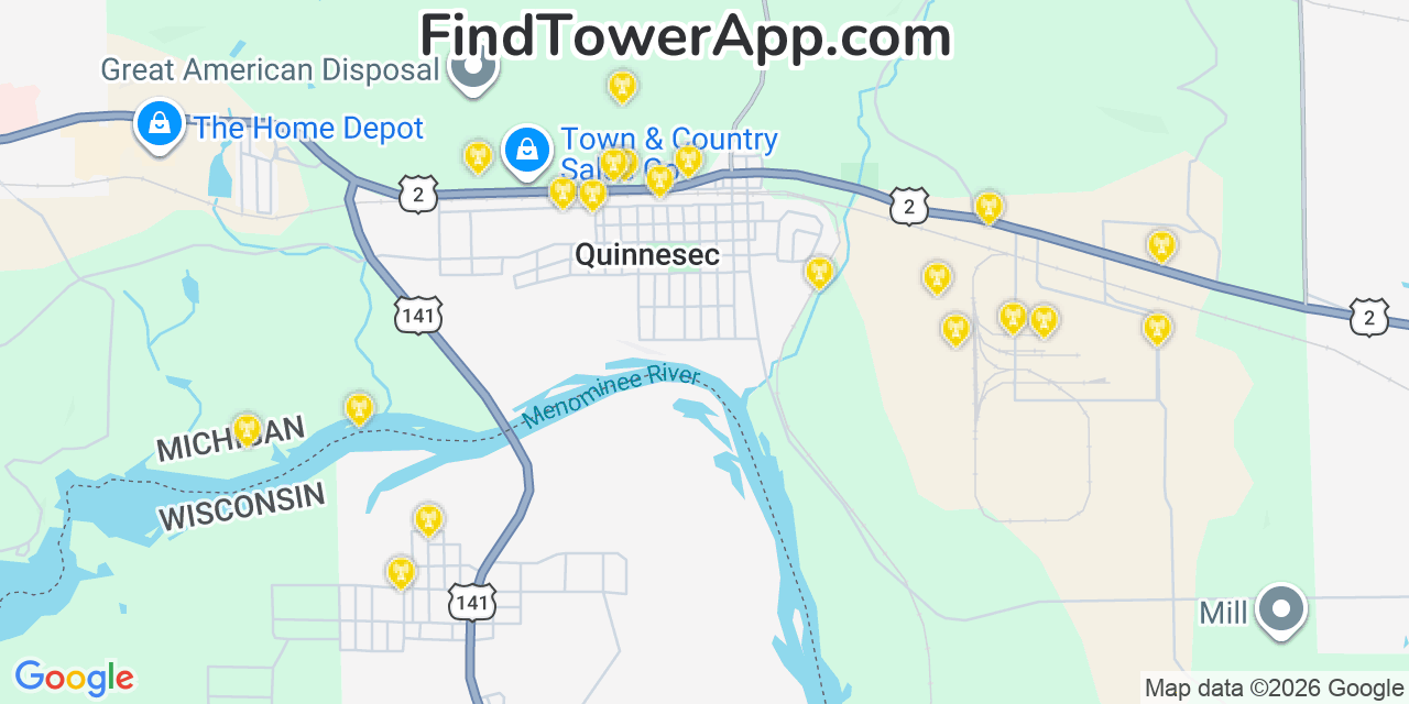 Map showing the 20 primary cell tower locations detected in Quinnesec, Michigan from AT&T, Verizon, and T-Mobile networks