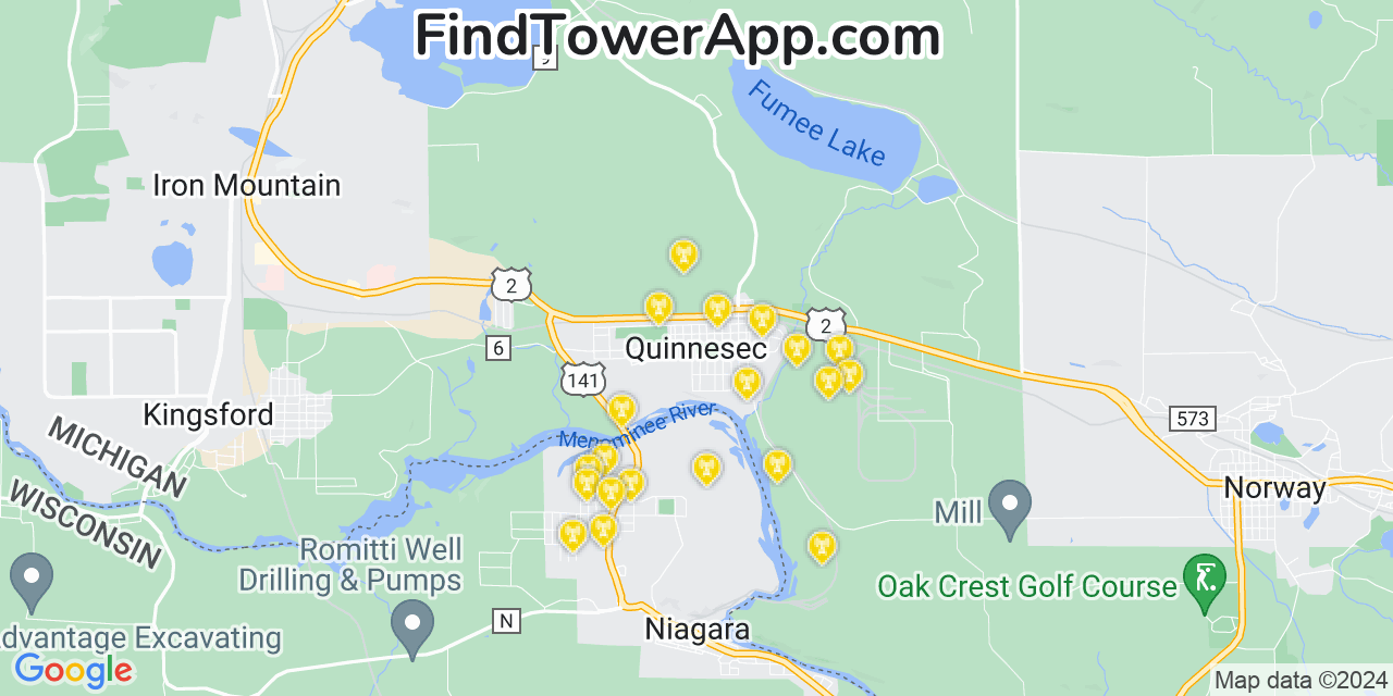 Verizon 4G/5G cell tower coverage map Quinnesec, Michigan