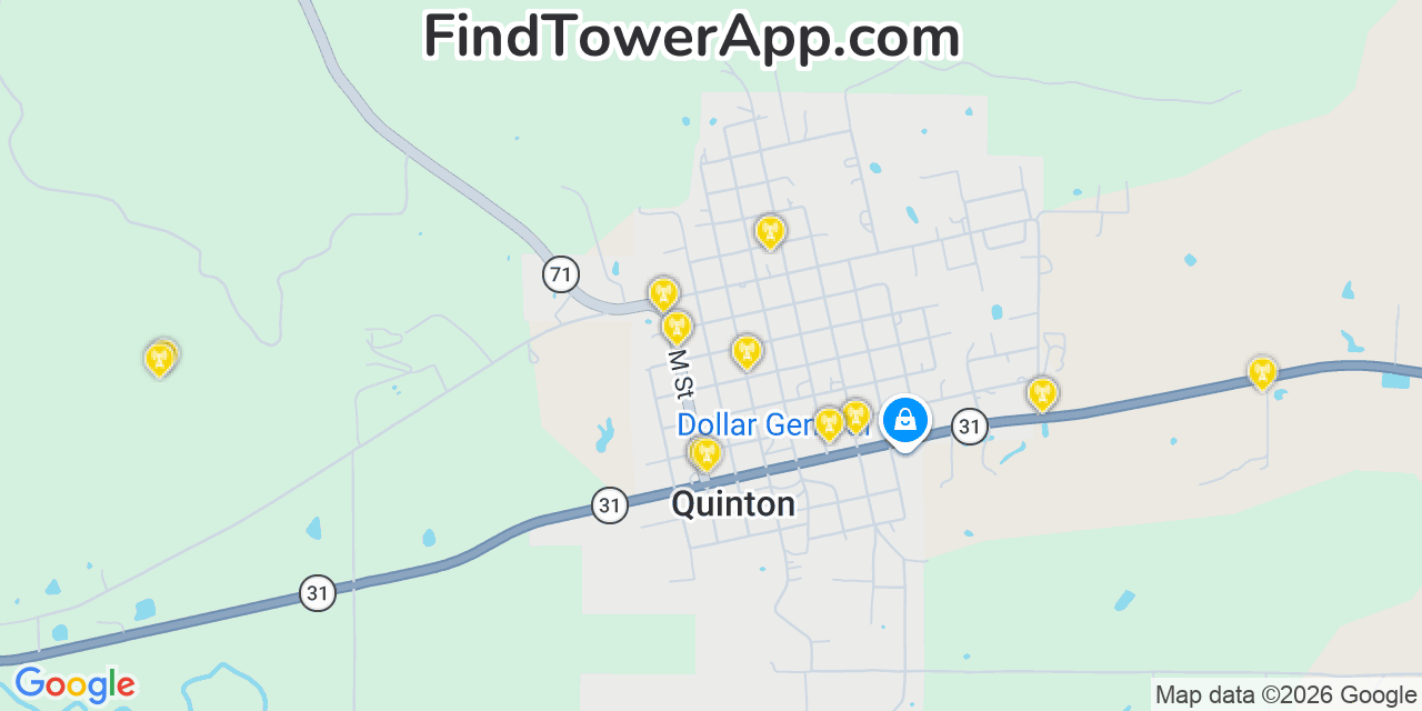 Map showing the 20 primary cell tower locations detected in Quinton, Oklahoma from AT&T, Verizon, and T-Mobile networks