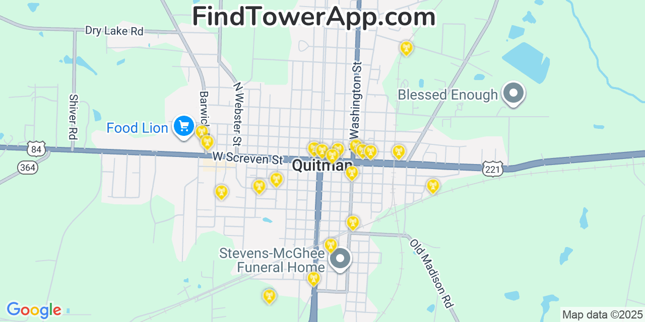 Map showing the 20 primary cell tower locations detected in Quitman, Georgia from AT&T, Verizon, and T-Mobile networks