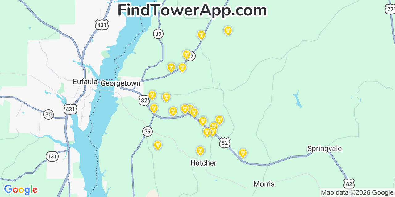 Map showing the 20 primary cell tower locations detected in Quitman, Georgia from AT&T, Verizon, and T-Mobile networks