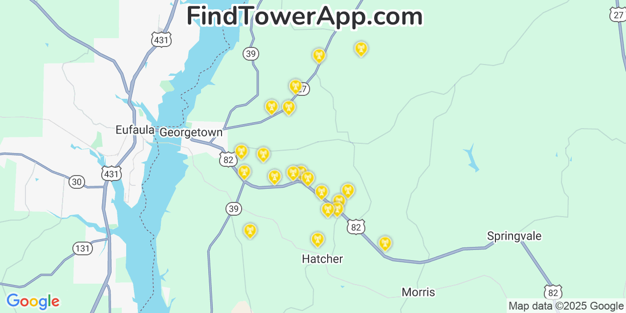 Map showing the 20 primary Mobitel cell tower locations detected in Quitman, Georgia with coverage radius and signal strength indicators